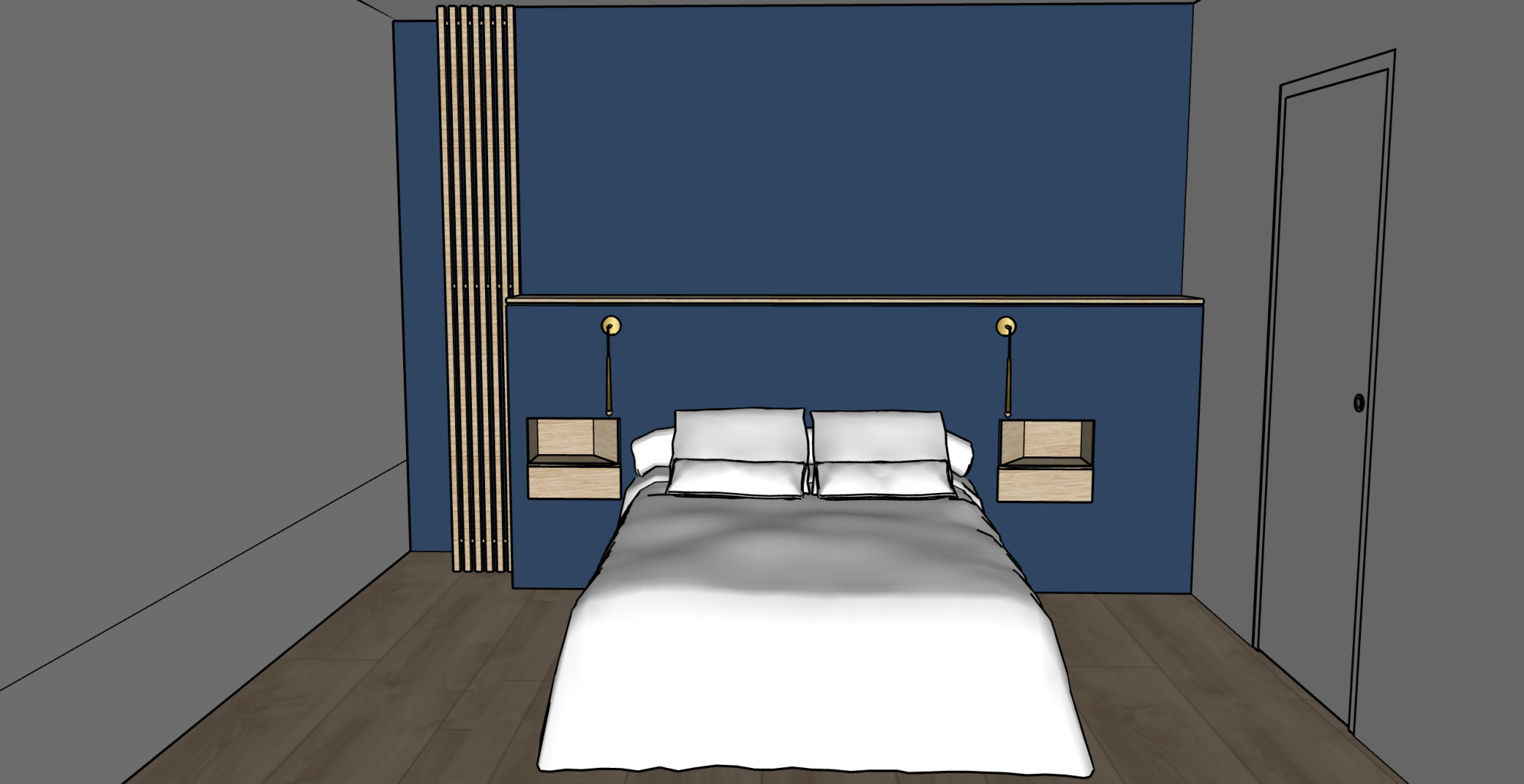 Projet Salma III – Agencement Sur-Mesure Tête de lit, Rangement sous rampant & Coiffeuse à Rennes